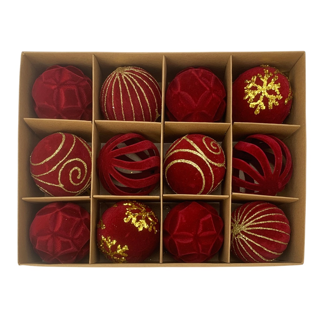 Bolas navideñas x12 6cm, textura símil terciopelo ROJO, en caja