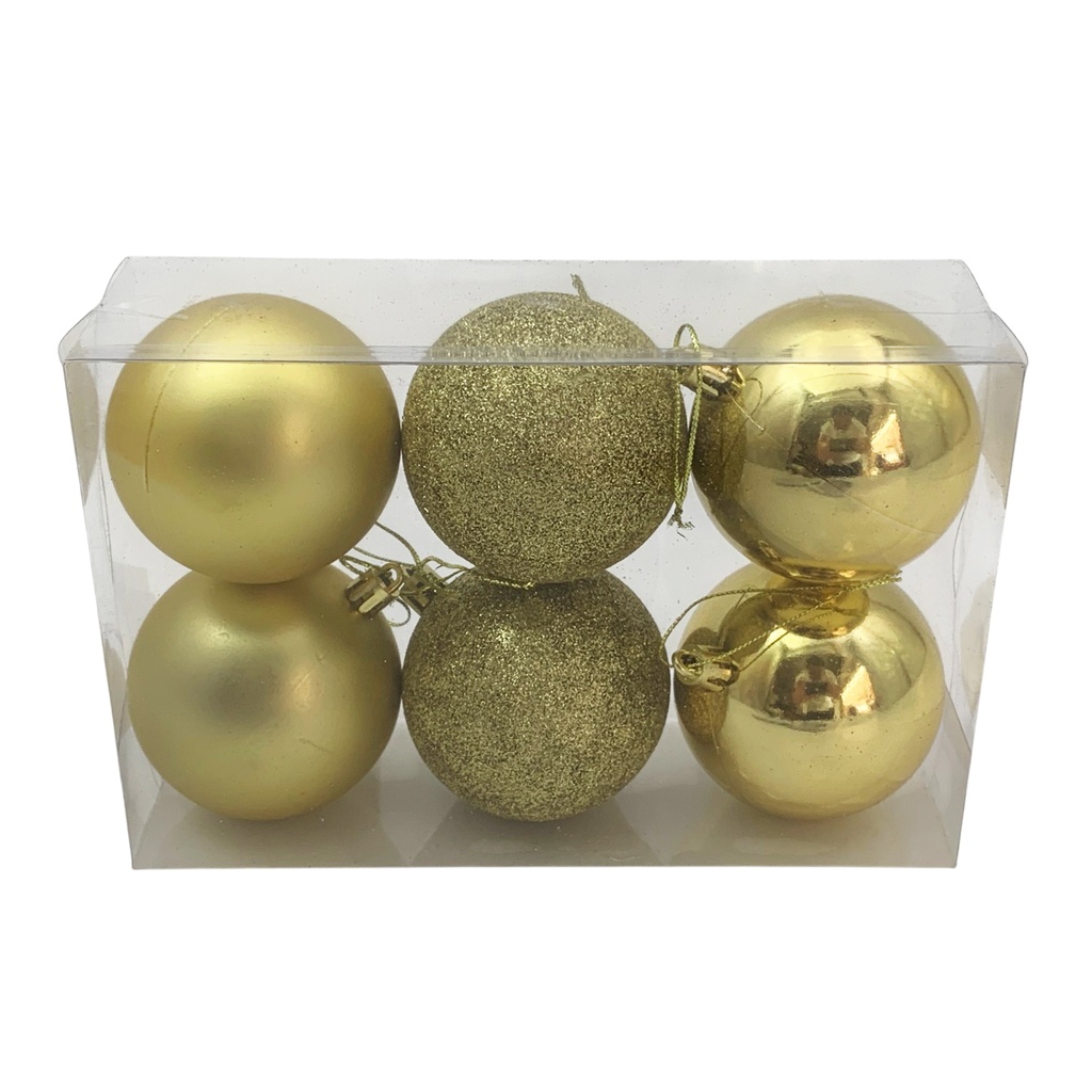 Bolas navideñas x6 7cm, 3 texturas DORADAS, en caja