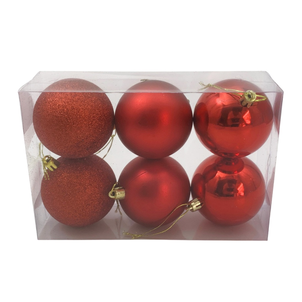 Bolas navideñas x6 7cm, 3 texturas ROJAS, en caja