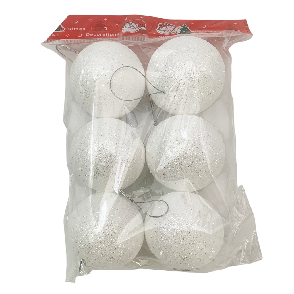 Bolas navideñas x6 6cm, con brillo BLANCAS, en bolsa