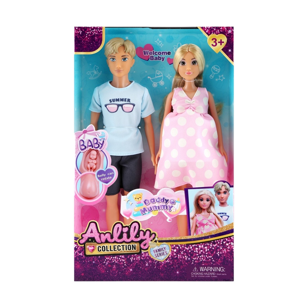 Muñeca embarazada con muñeco y bebé, en caja