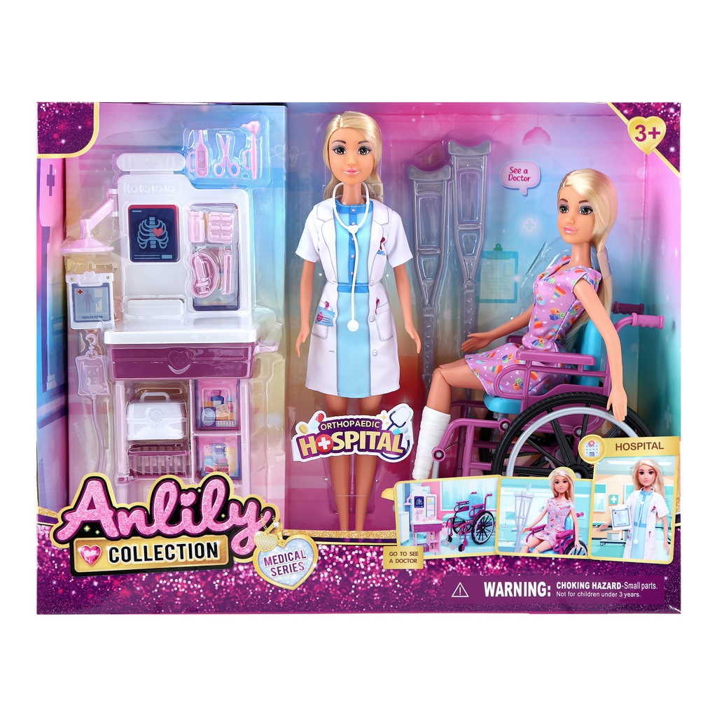 [JA2837] Muñeca articulada doctora con muñeca paciente y accesorios, en caja