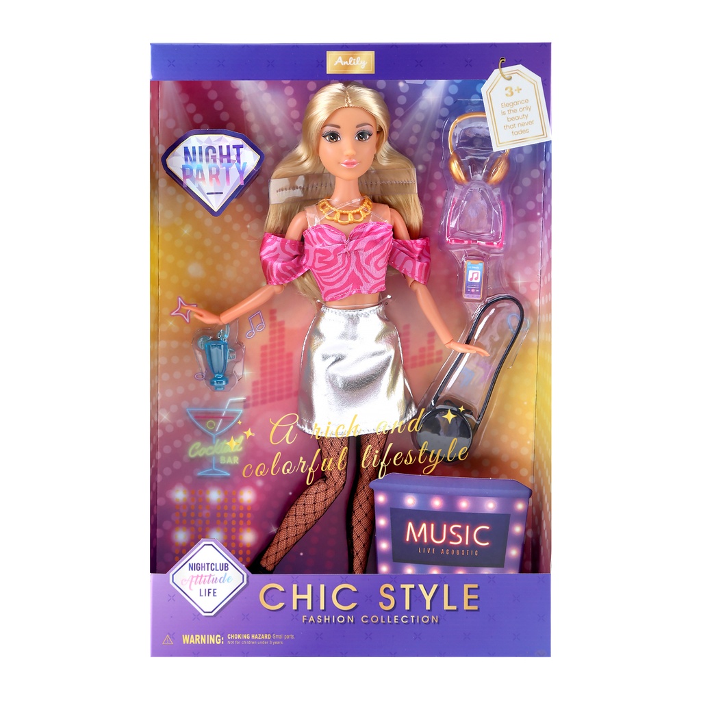 [JA2838] Muñeca articulada con accesorios de fiesta, en caja