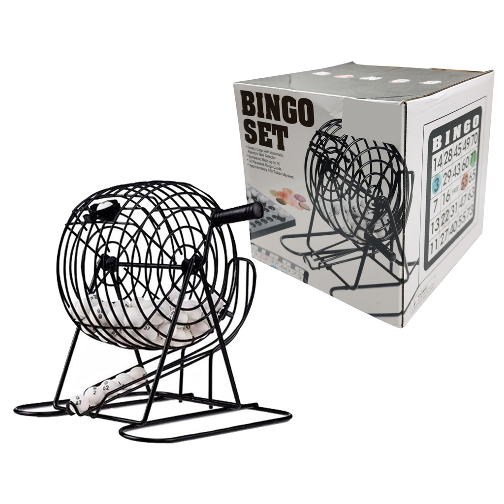 [JU4086] Juego de mesa, bingo, bolillero de metal, con cartones y marcadores, en caja