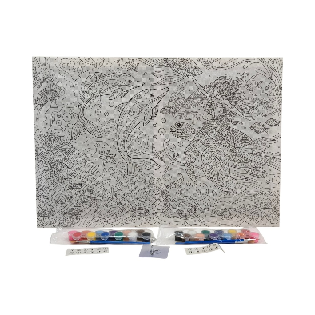 [JU8740] Cuadro para colorear por números, con acuarelas y pinceles, diseño fondo del mar, en caja