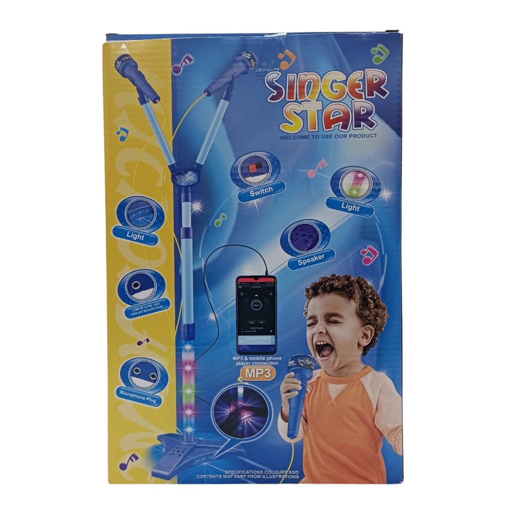 [JU8751] Micrófono con pie, doble con luz y sonido, MP3 3AA, en caja