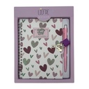 Diario íntimo con llave y lapicera, varios diseños, corazones, en caja