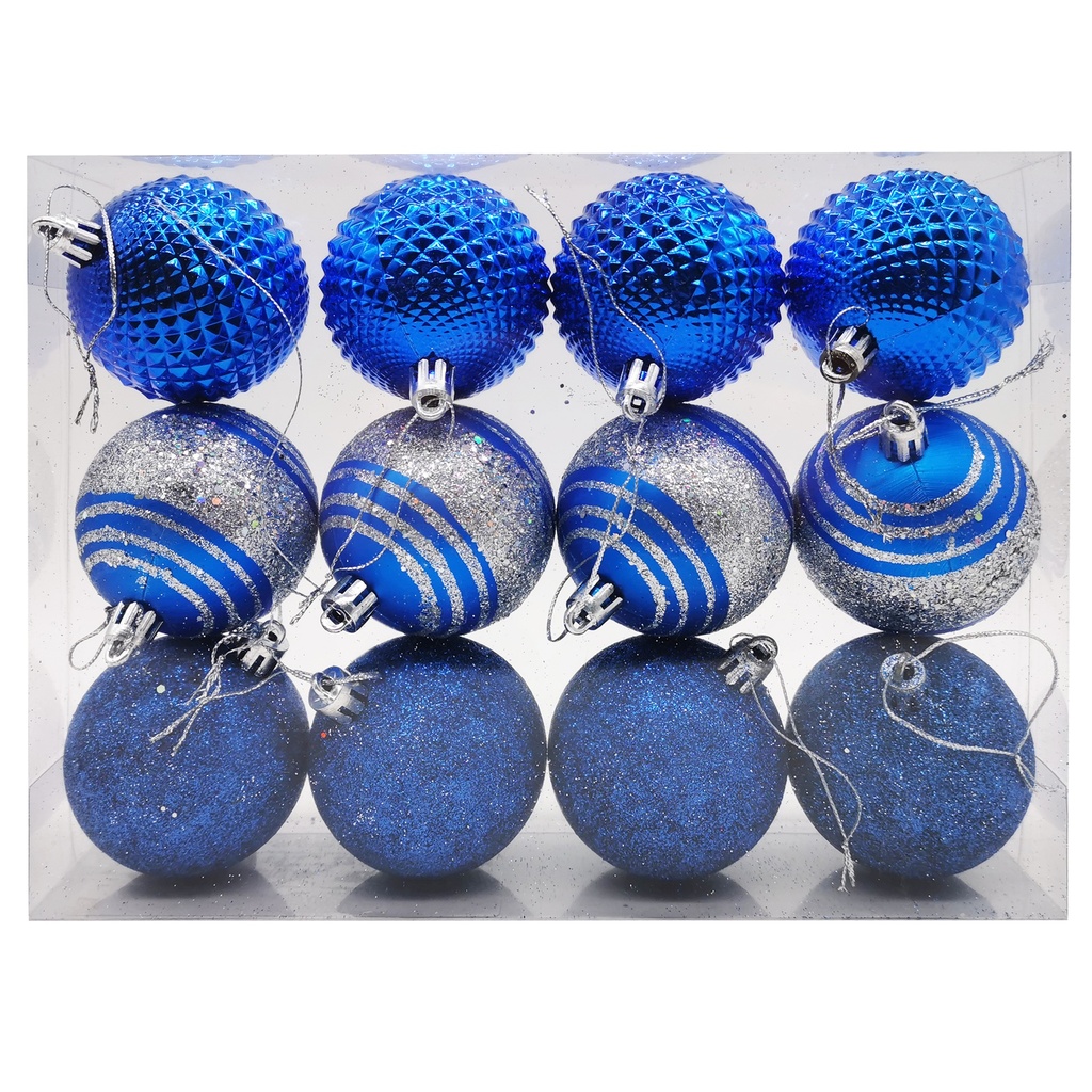[HN334D] Bolas navideñas x12 5cm, 3 diseños, en caja de mica azul