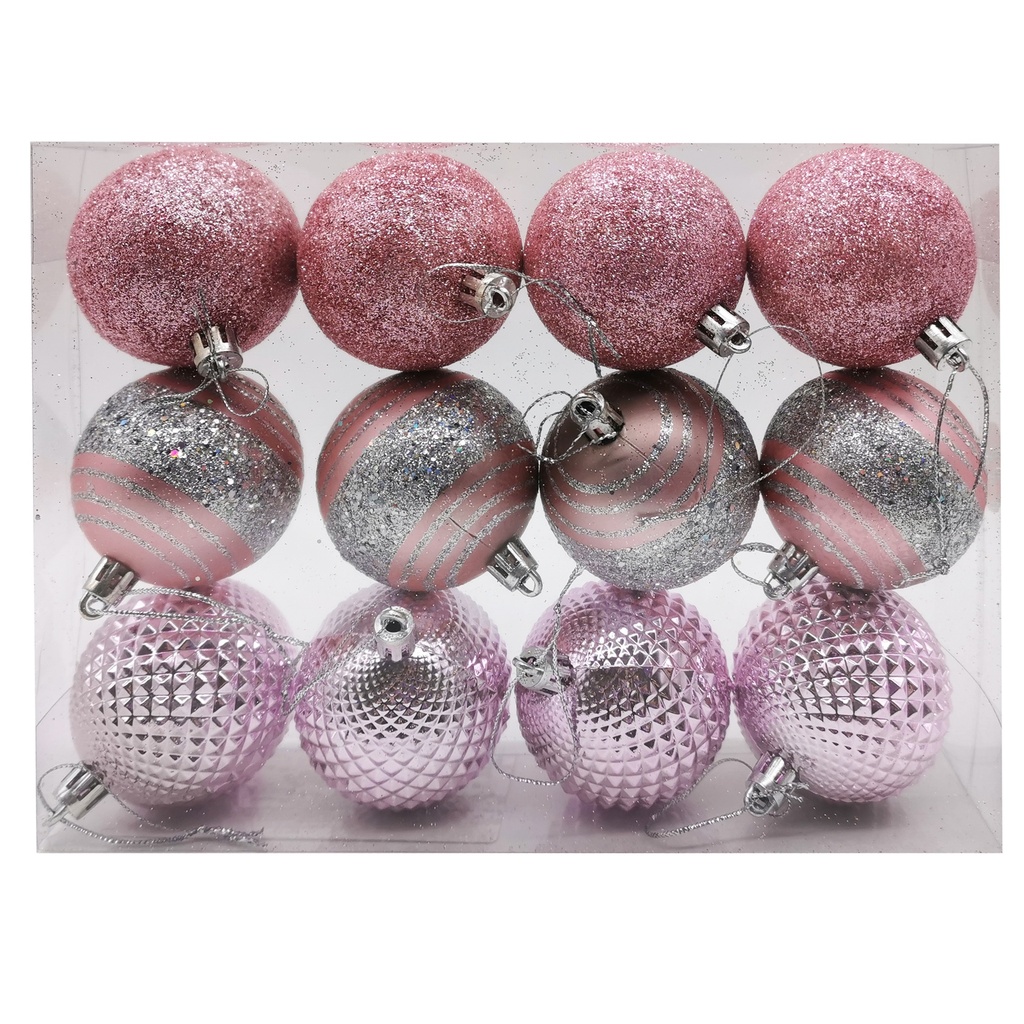 Bolas navideñas x12 5cm, 3 diseños, en caja de mica rosado