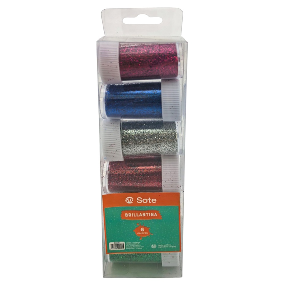 [E3670] Brillantina fina x6 tubos, varios colores, SOTE en caja de mica