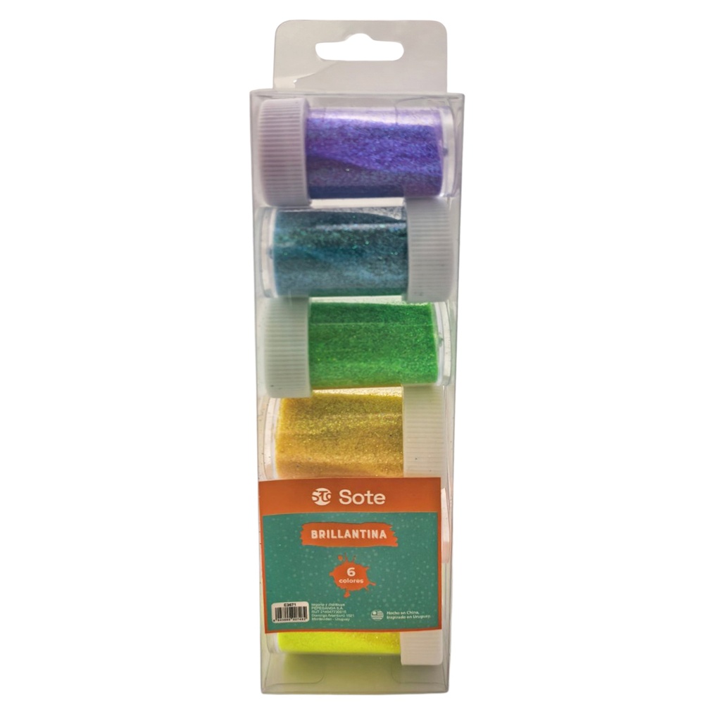 [E3671] Brillantina fina x6 tubos, varios colores, SOTE en caja de mica