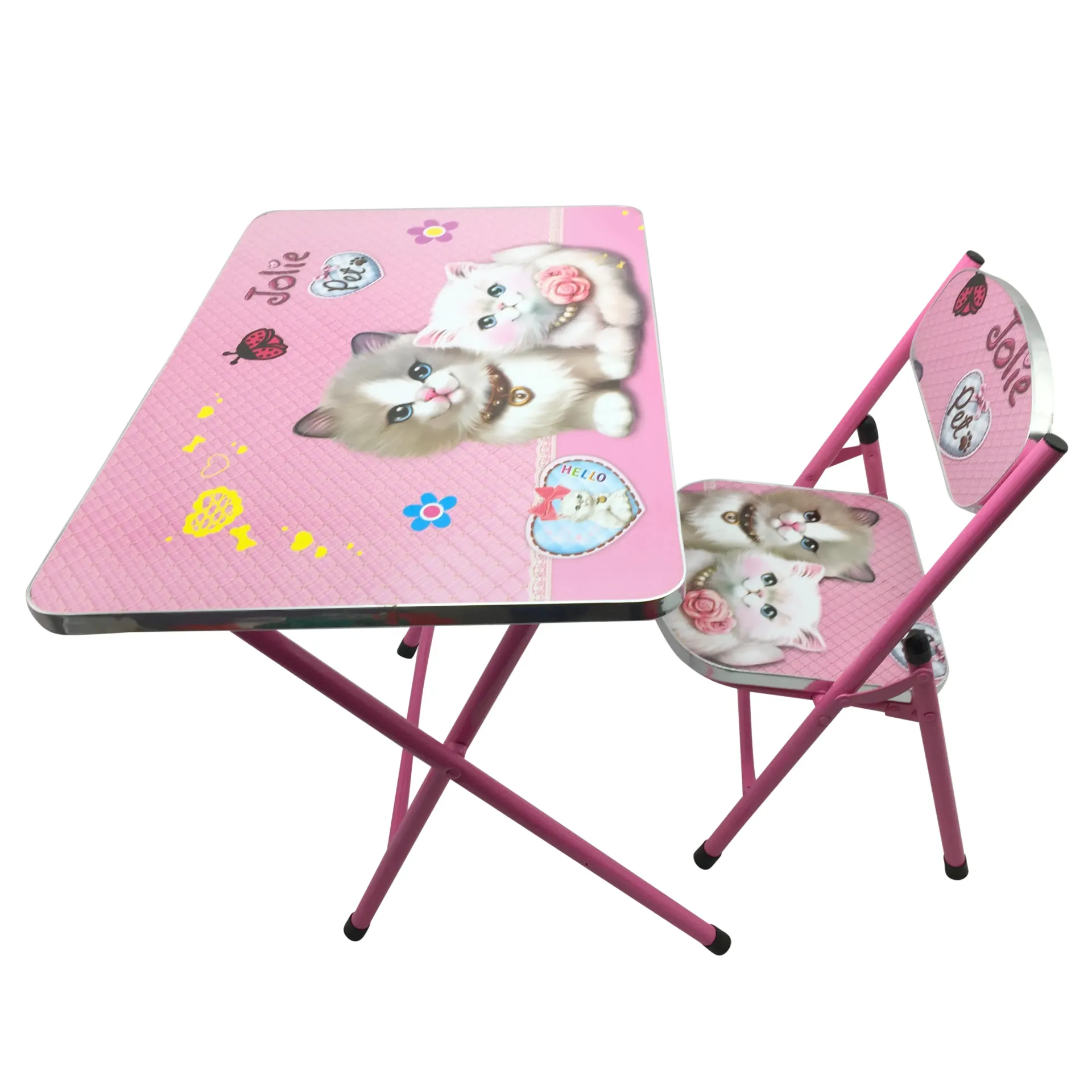 [J2514B] Mesa y silla plegable, madera y metal ROSADO, varios diseños en caja