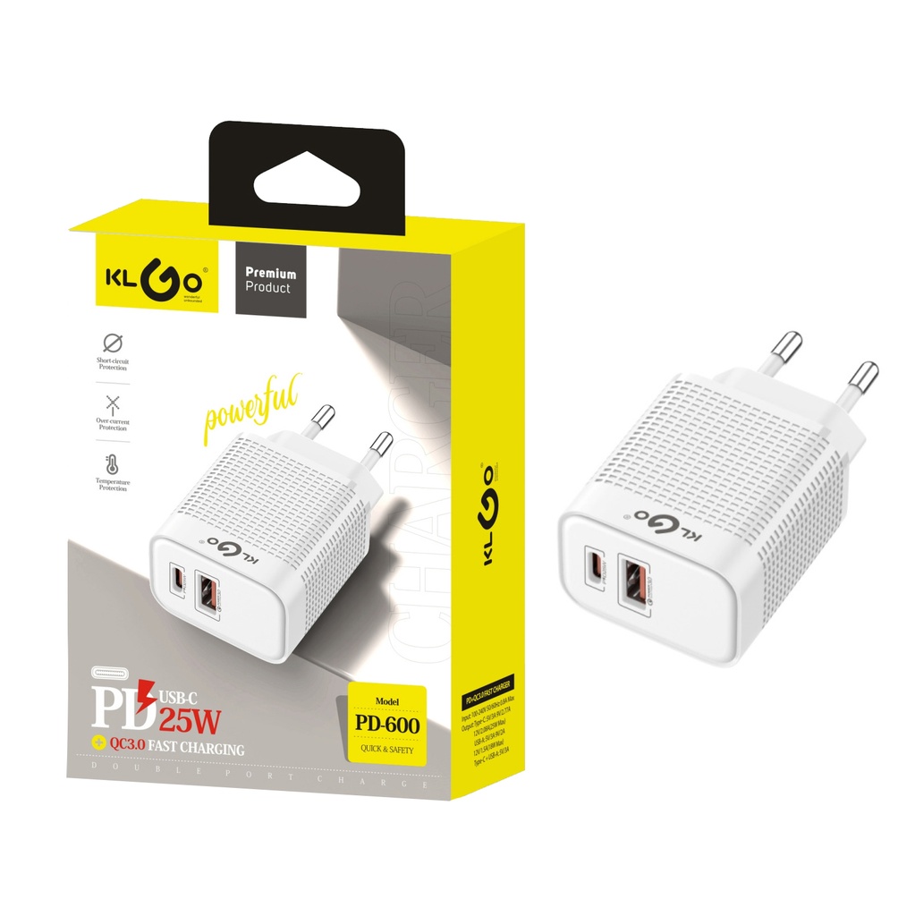 [HE1730] Cargador con entrada USB-A y USB-C, KLGO en caja