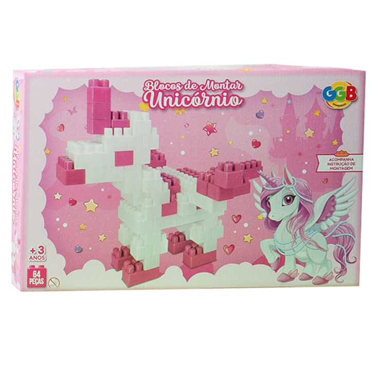 Bloques de plástico, 64 piezas, unicornio, en caja